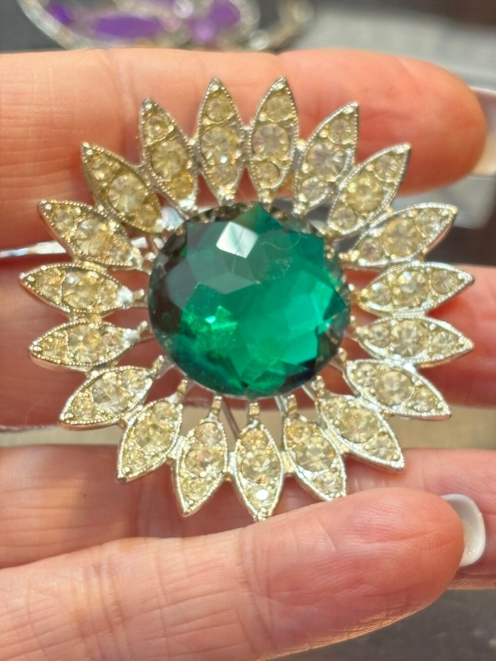 Vintage Sarah Coventry Green Rhinestone Floral Brooch